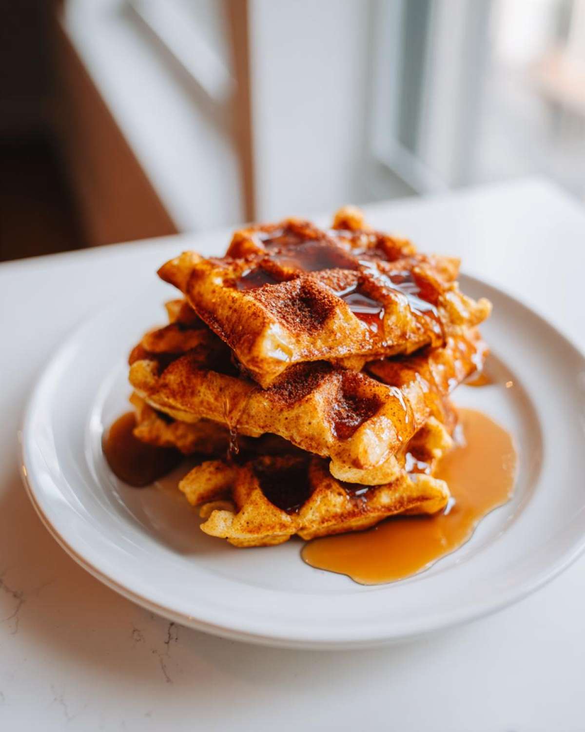 A tall stack of fluffy pumpkin waffles dusted with cinnamon and drizzled generously with maple syrup.