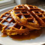 A close-up of two fluffy pumpkin waffles stacked and drizzled generously with maple syrup.