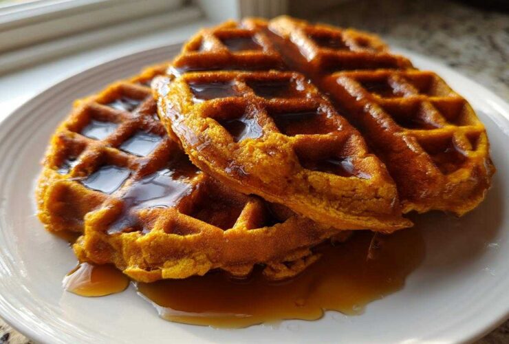 A close-up of two fluffy pumpkin waffles stacked and drizzled generously with maple syrup.