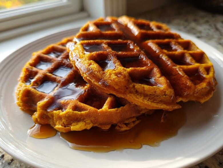 A close-up of two fluffy pumpkin waffles stacked and drizzled generously with maple syrup.