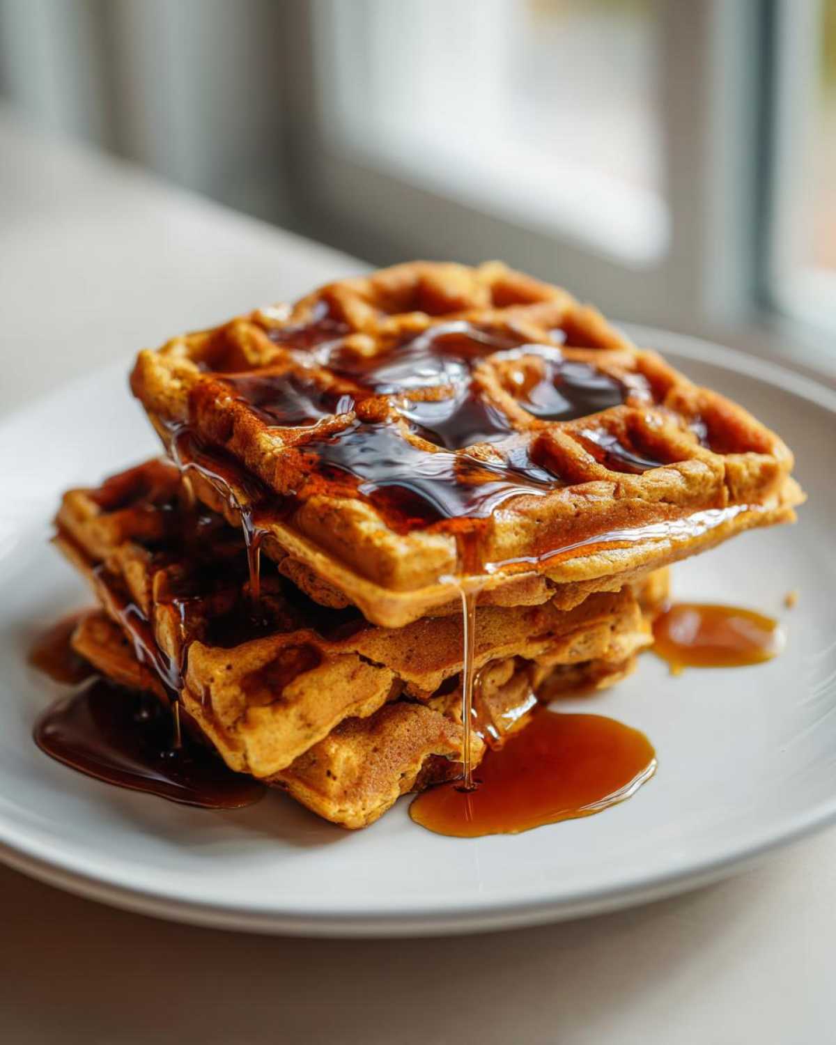 A stack of three fluffy pumpkin waffles generously covered in dripping maple syrup on a white plate.