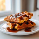 A close-up of two stacked, fluffy pumpkin waffles generously drizzled with maple syrup on a white plate.