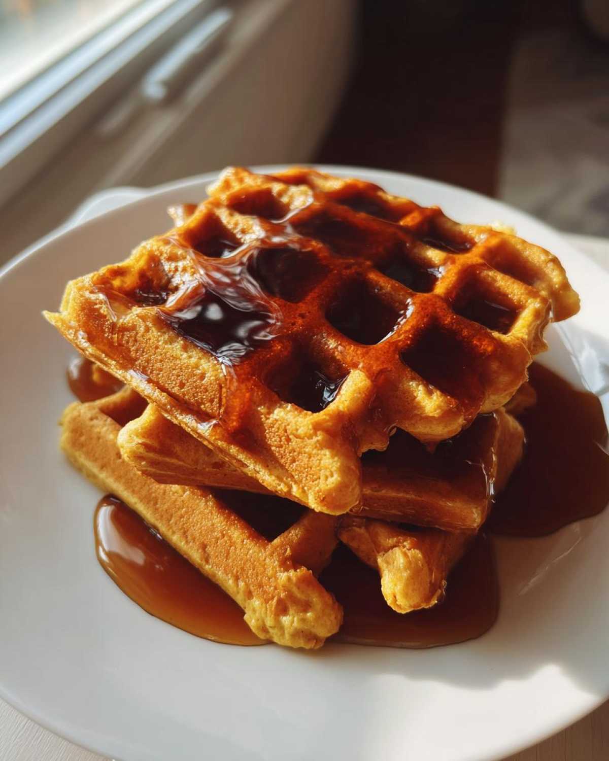 A stack of golden brown pumpkin waffles generously drizzled with dark syrup, sitting on a white plate near a window.