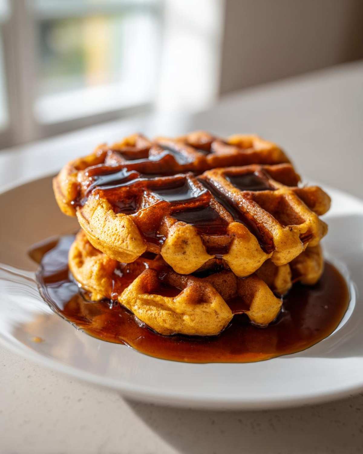 A stack of three golden-orange pumpkin waffles generously drizzled with dark maple syrup.