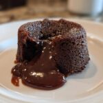 A freshly baked chocolate lava cake with rich, molten chocolate flowing out onto a white plate.