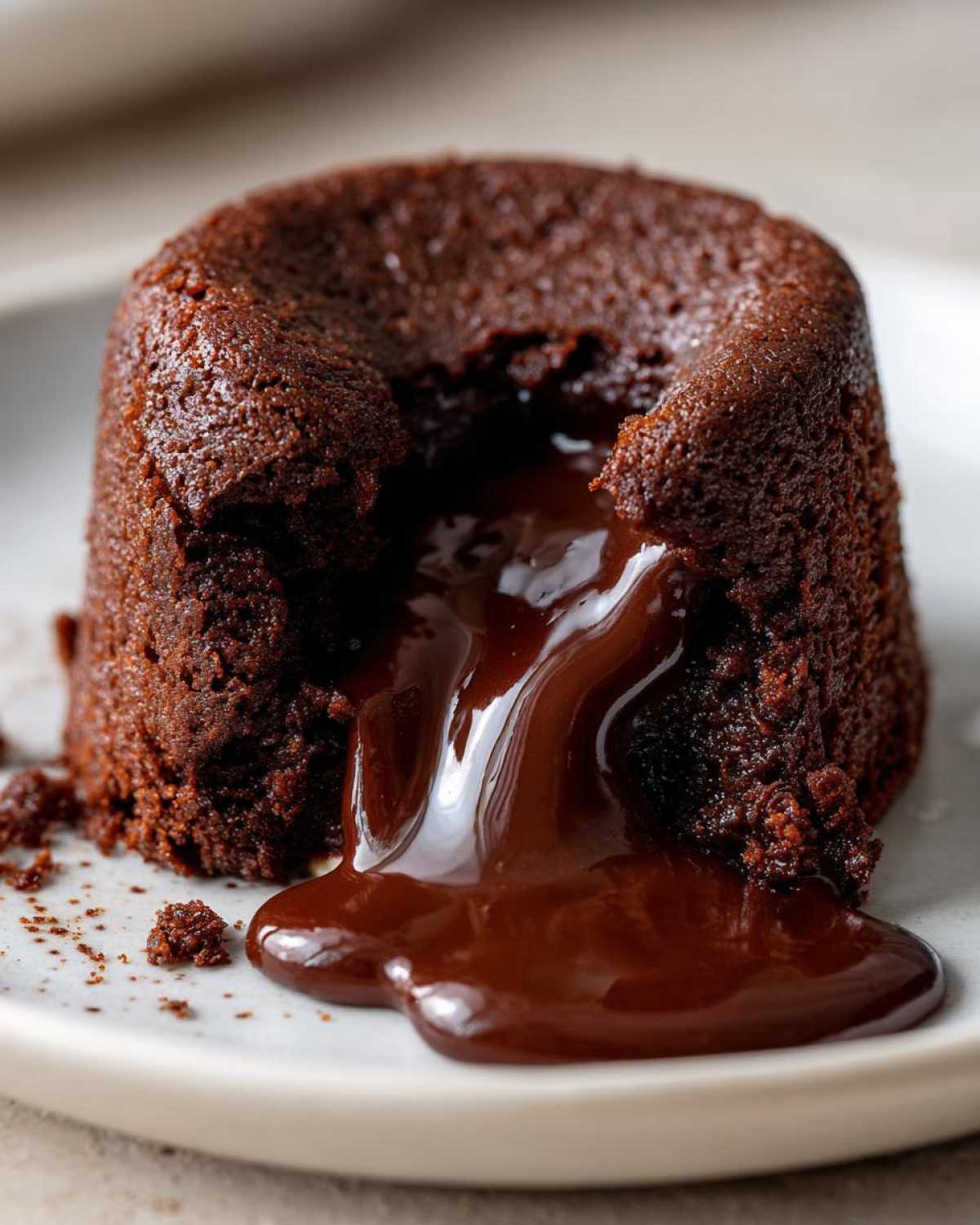 A close-up of a freshly baked chocolate lava cake with molten center oozing out onto a white plate.