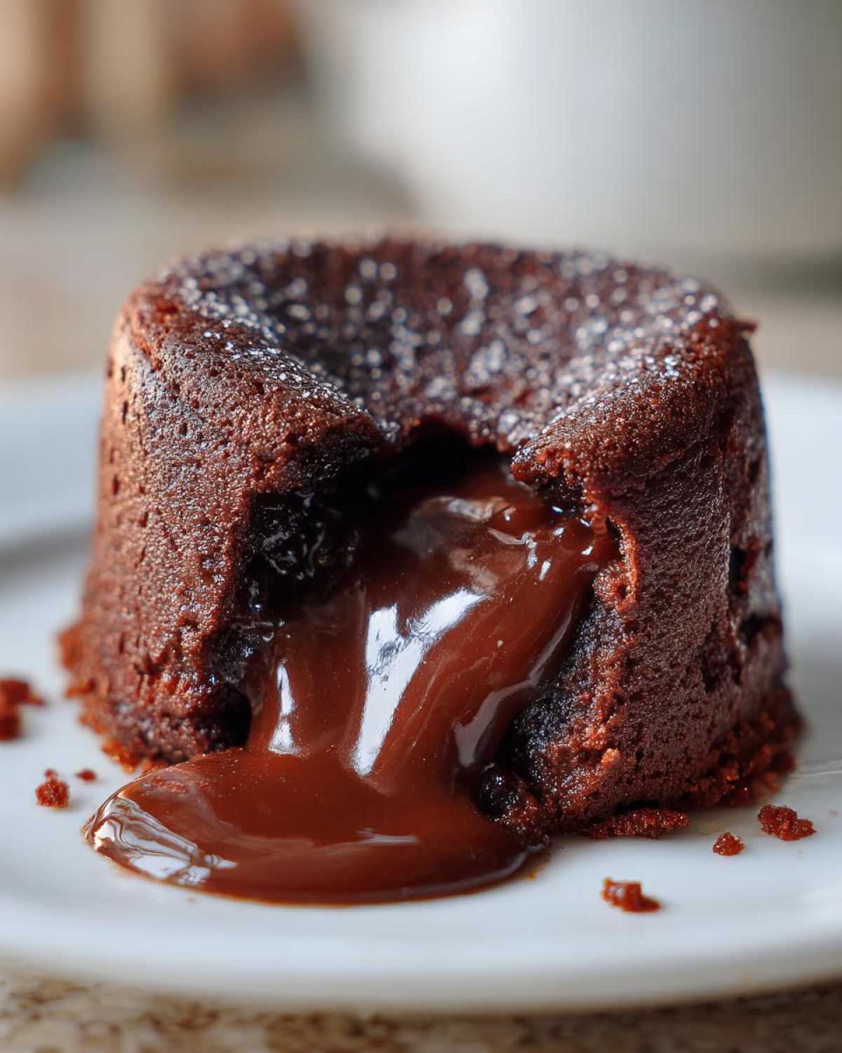Close-up of a freshly baked chocolate lava cake with molten chocolate flowing out onto a white plate.