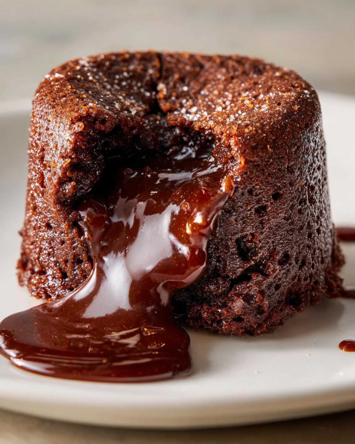Close-up of a warm chocolate lava cake with molten center oozing out onto a white plate.