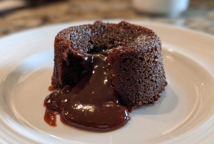 A freshly baked chocolate lava cake with rich, molten chocolate flowing out onto a white plate.