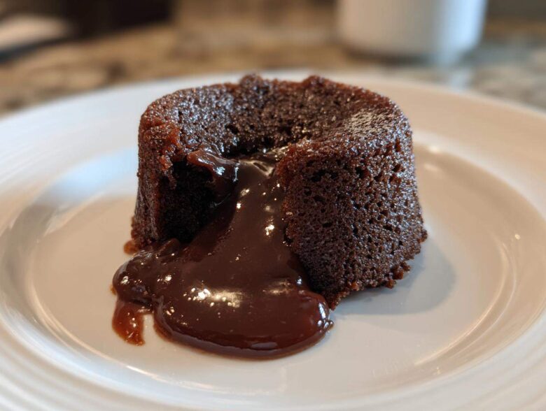 A freshly baked chocolate lava cake with rich, molten chocolate flowing out onto a white plate.