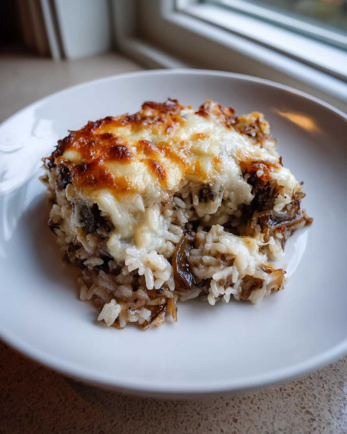 A serving of baked french onion butter rice topped with melted, golden-brown cheese, served on a white plate.