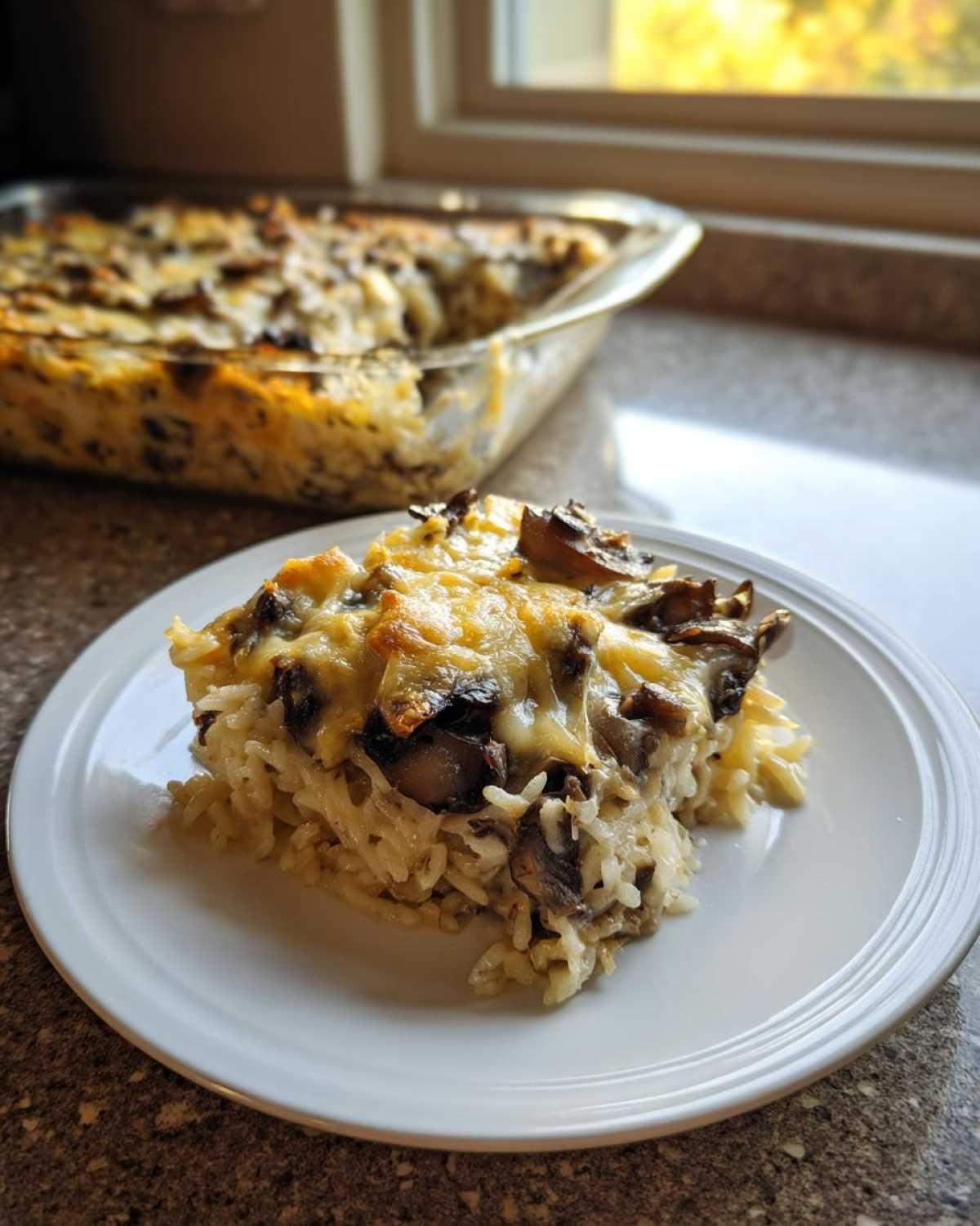 A serving of baked french onion butter rice casserole topped with melted cheese and mushrooms on a white plate.