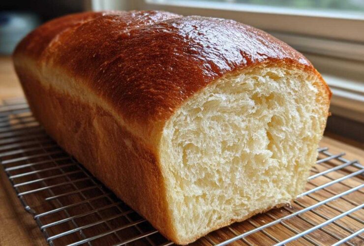 A golden-brown loaf of soft, fluffy condensed milk bread resting on a wire cooling rack.