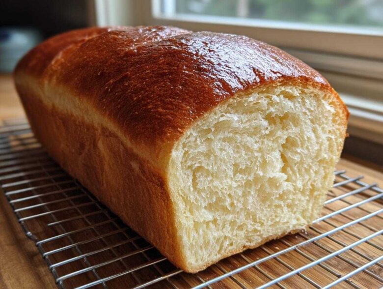 A golden-brown loaf of soft, fluffy condensed milk bread resting on a wire cooling rack.