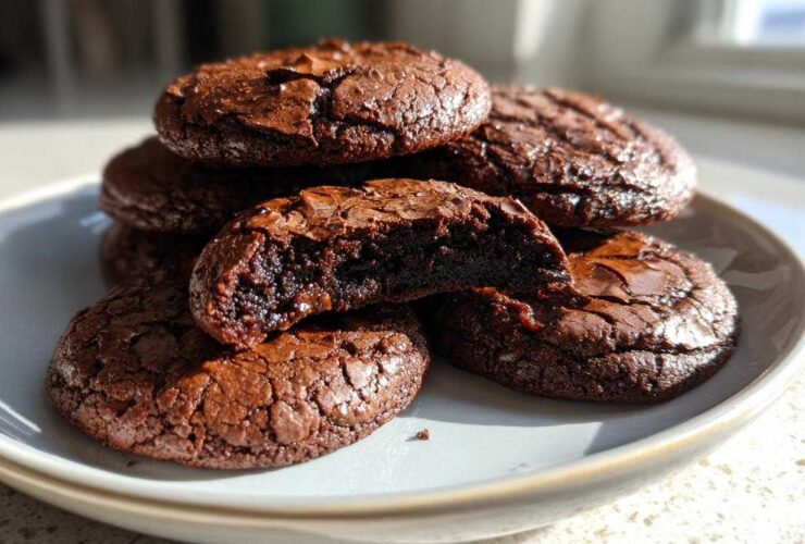 A stack of fudgy chocolate brownie cookies, one broken open to show the rich, dark interior.