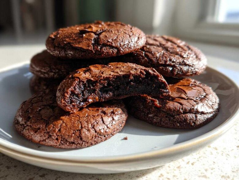 A stack of fudgy chocolate brownie cookies, one broken open to show the rich, dark interior.