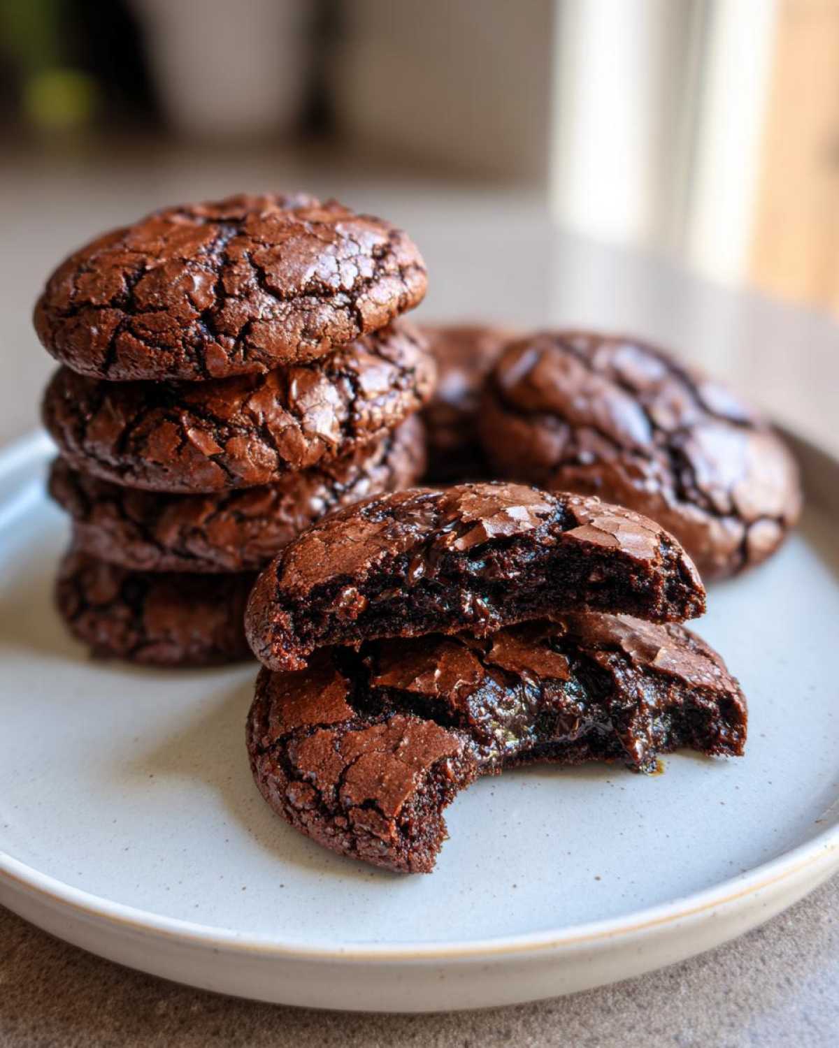 Close-up of fudgy chocolate brownie cookies, one broken in half showing a gooey center, stacked on a light plate.