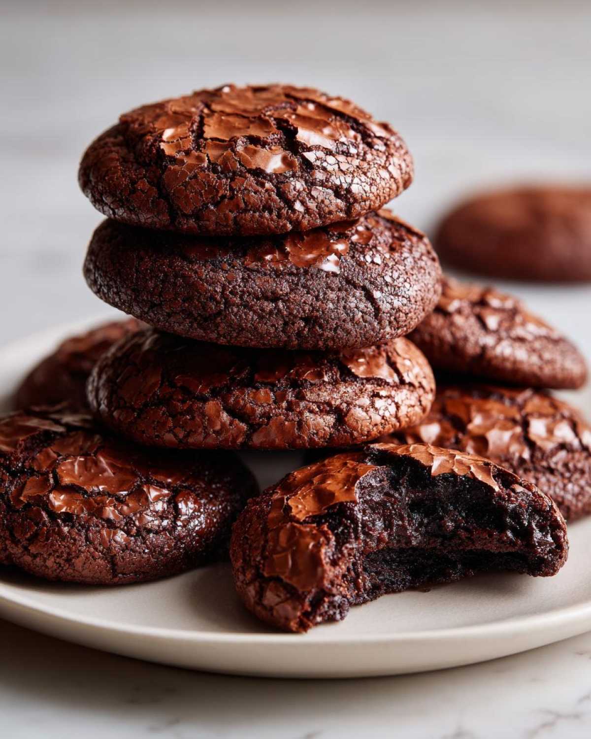 A stack of fudgy chocolate brownie cookies with shiny, cracked tops, one cookie has a bite taken out showing the dense interior.