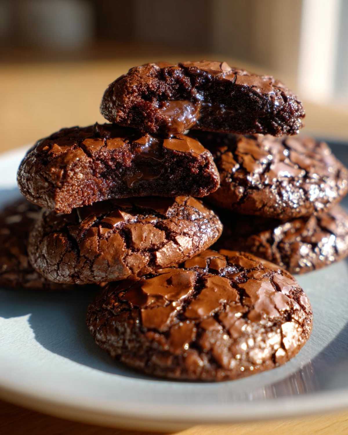 A stack of fudgy chocolate brownie cookies, with the top one broken open revealing a molten center.