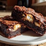 Two rich, fudgy hot chocolate brownies with melted marshmallows stacked on a white plate.