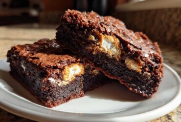 Two rich, fudgy hot chocolate brownies with melted marshmallows stacked on a white plate.