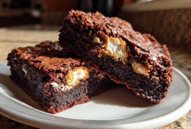 Two rich, fudgy hot chocolate brownies with melted marshmallows stacked on a white plate.