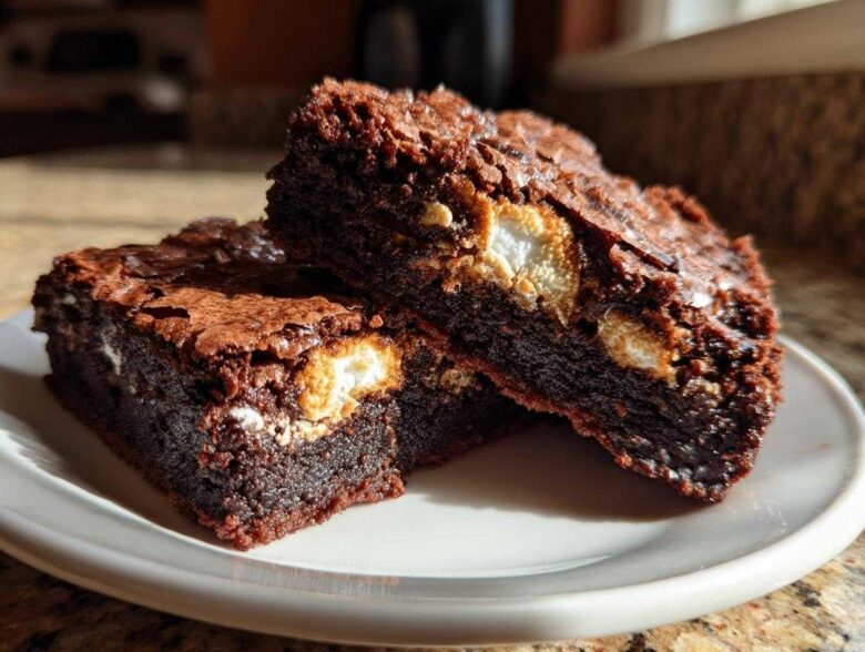 Two rich, fudgy hot chocolate brownies with melted marshmallows stacked on a white plate.