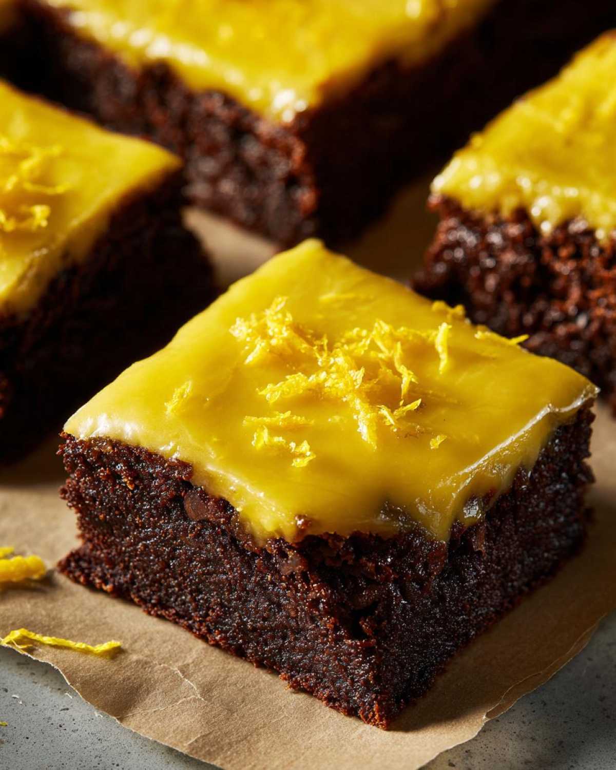 Close-up of a fudgy Lemon Brownies square topped with vibrant yellow lemon glaze and zest.