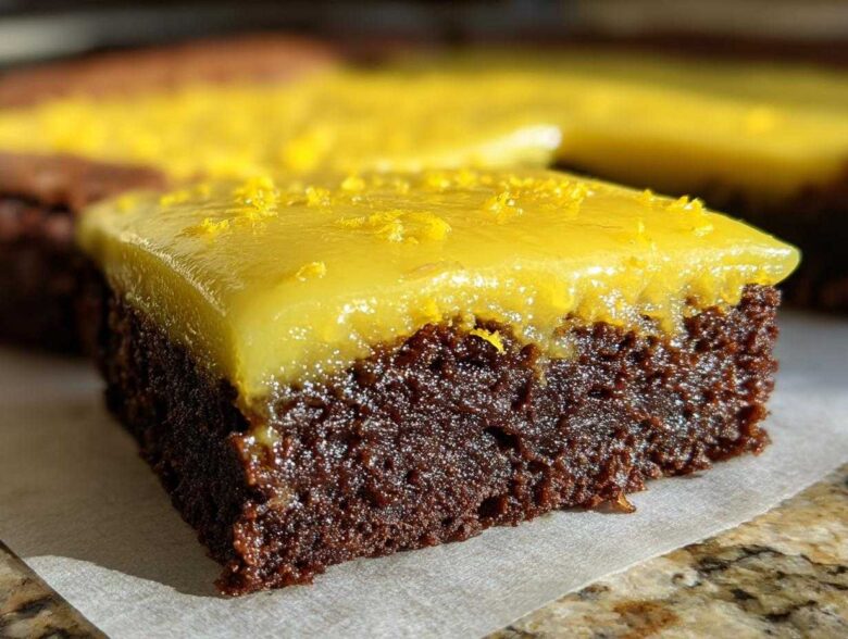Close-up of a fudgy, dark chocolate Lemon Brownies square topped with a thick, glossy yellow lemon glaze and zest.