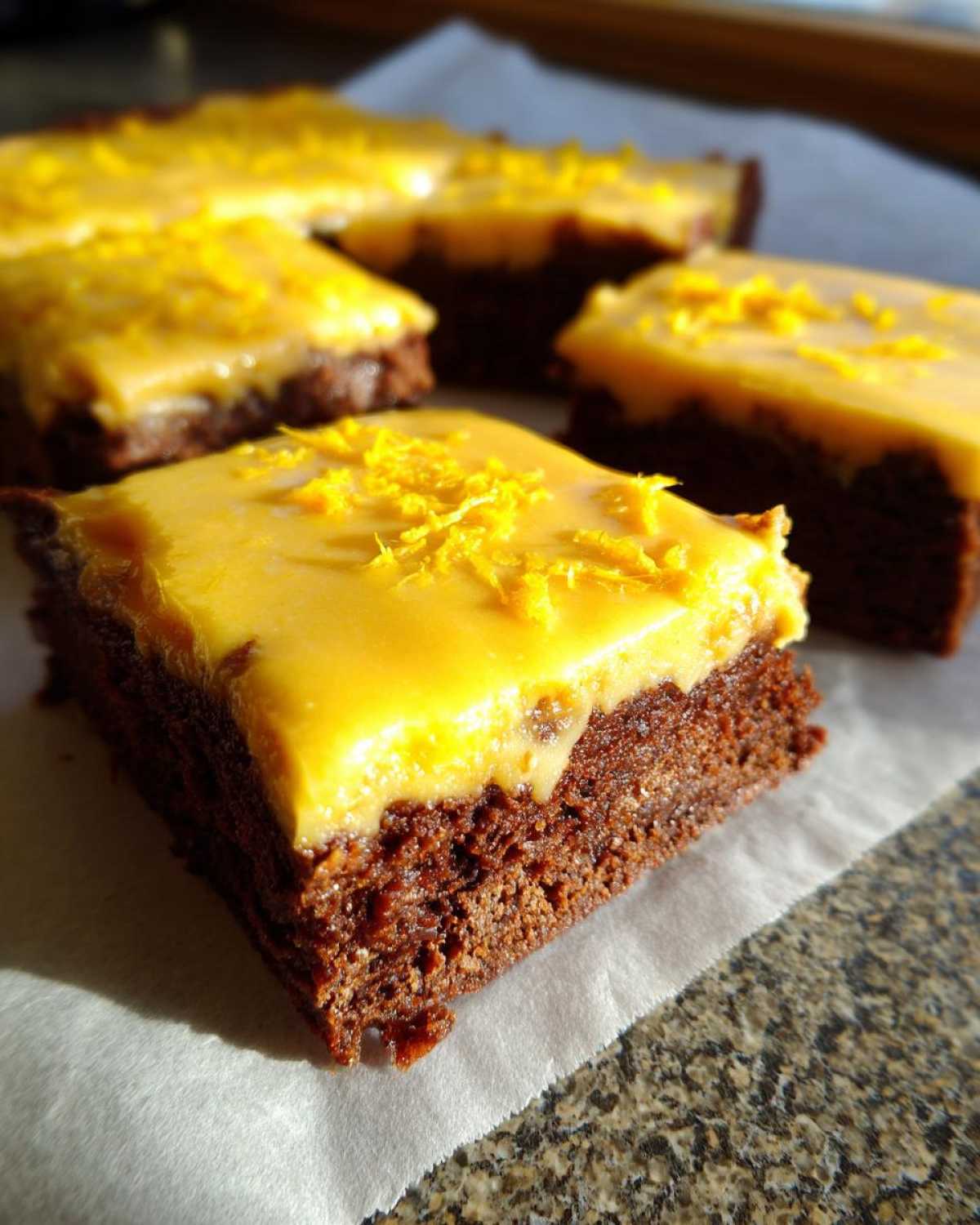 Close-up of fudgy Lemon Brownies topped with a thick, bright yellow lemon glaze and zest.