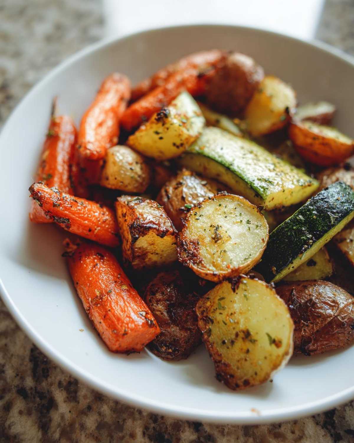 A close-up of roasted potatoes, carrots, and zucchini seasoned with herbs, showcasing the texture of the Garlic Herb Roasted Veggies.