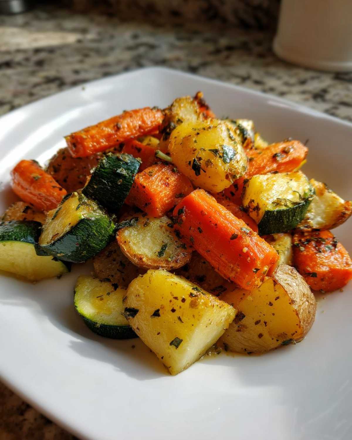 A close-up of roasted potatoes, carrots, and zucchini seasoned with herbs, representing Garlic Herb Roasted Veggies.