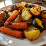 A close-up of perfectly cooked Garlic Herb Roasted Veggies including carrots, potatoes, and zucchini on a white plate.
