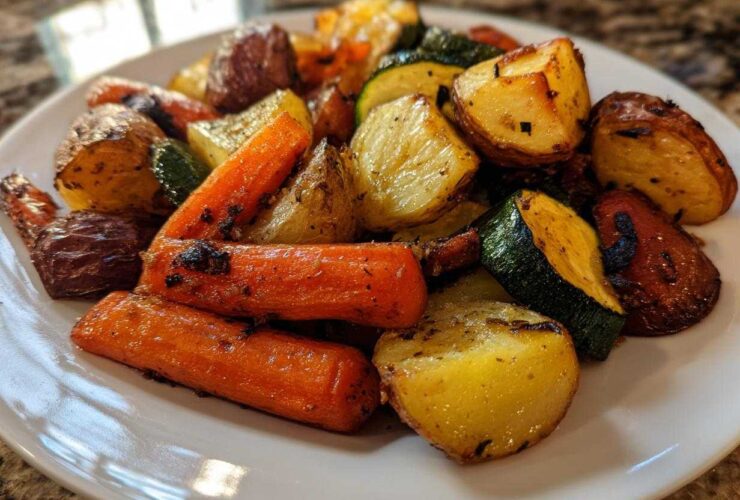 A close-up of perfectly cooked Garlic Herb Roasted Veggies including carrots, potatoes, and zucchini on a white plate.