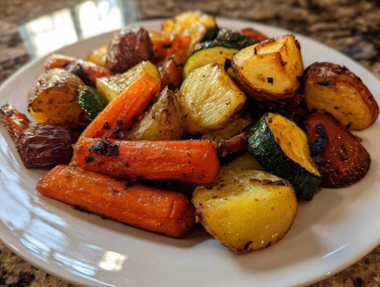 A close-up of perfectly cooked Garlic Herb Roasted Veggies including carrots, potatoes, and zucchini on a white plate.