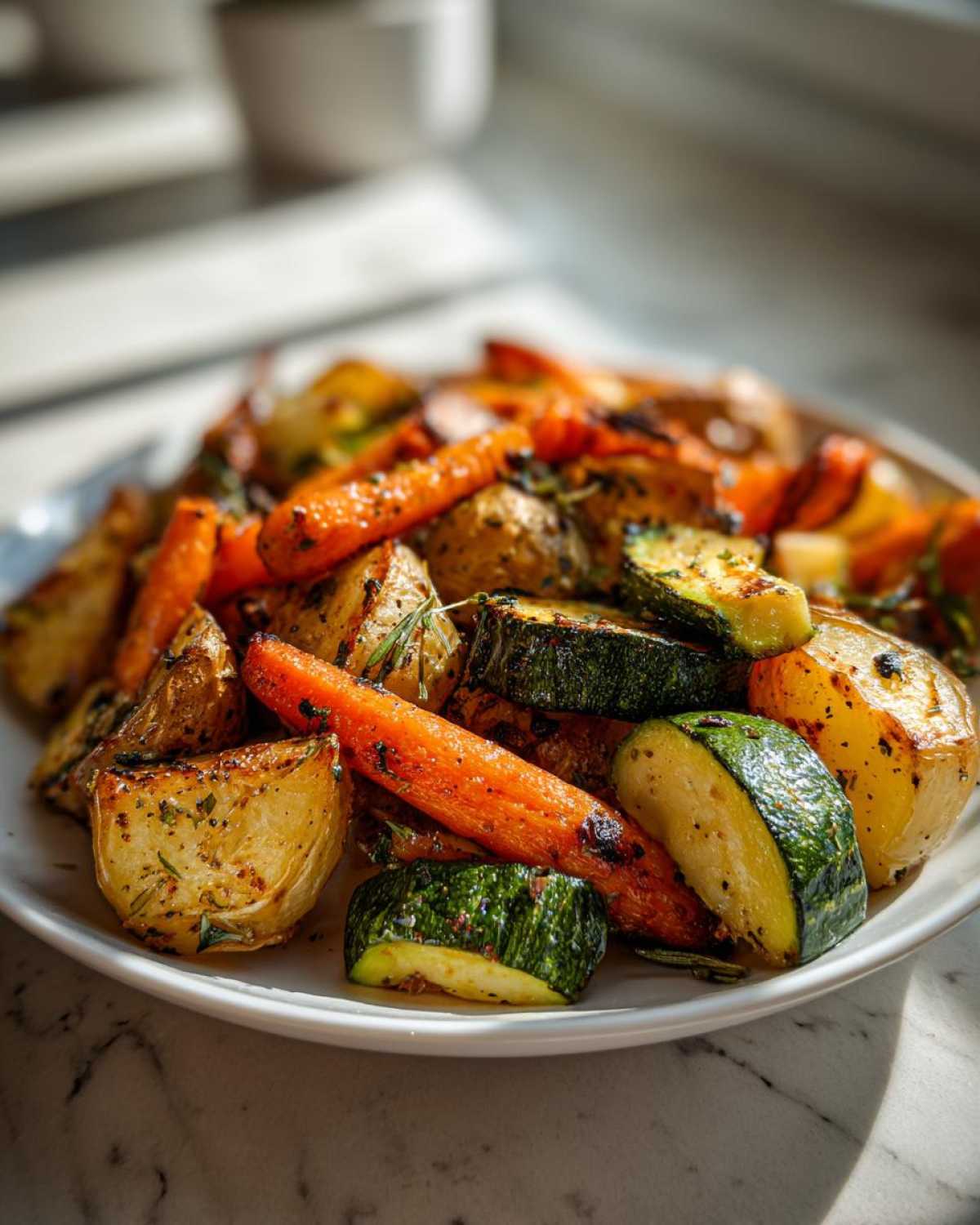 Close-up of perfectly roasted carrots, zucchini, and potatoes seasoned with herbs, showcasing the Garlic Herb Roasted Veggies.