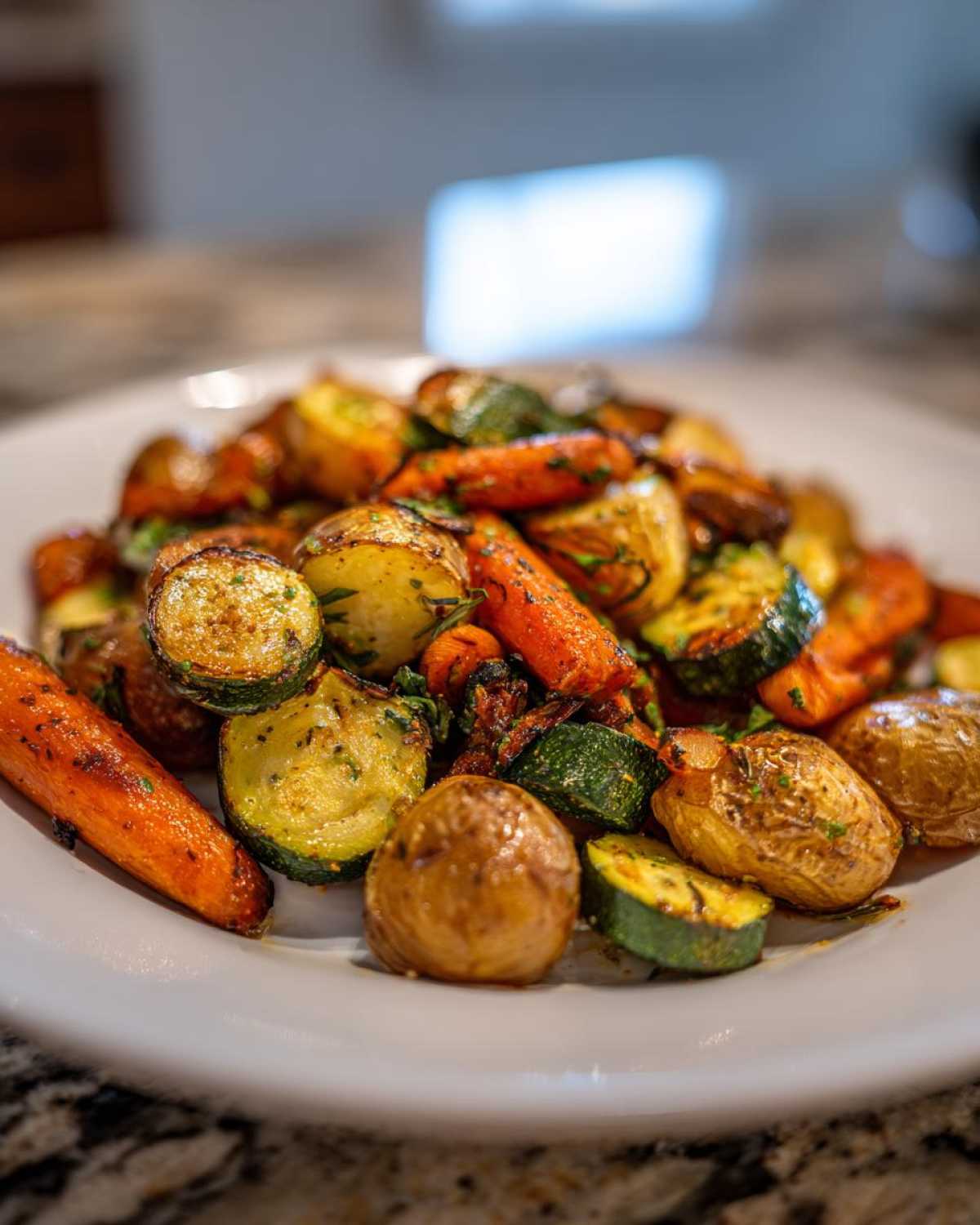 A close-up of perfectly browned Garlic Herb Roasted Veggies including carrots, zucchini, and small potatoes on a white plate.