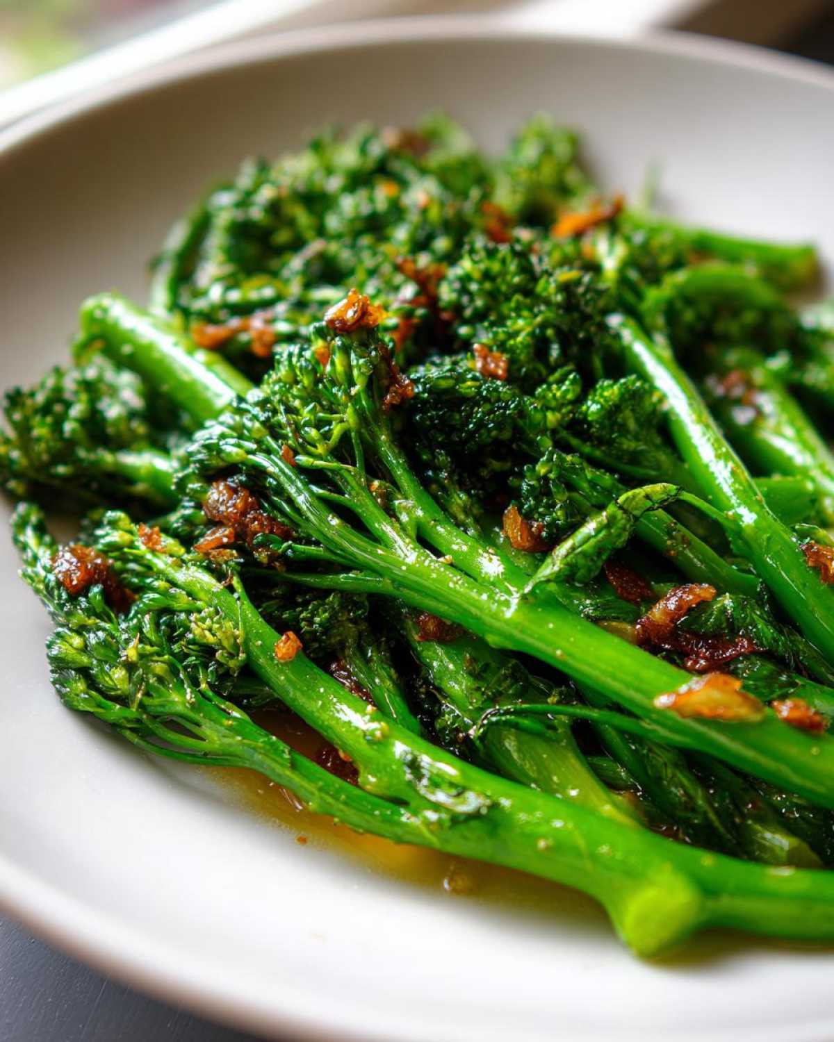 Close-up of bright green, sautéed broccolini tossed with garlic and lemon sauce.