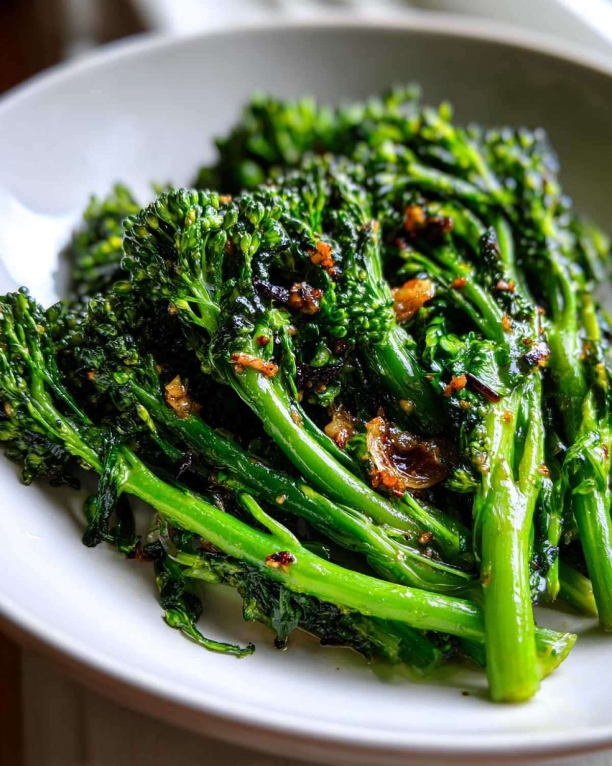Close-up of vibrant green, sautéed broccolini tossed with browned garlic pieces in a white serving bowl.