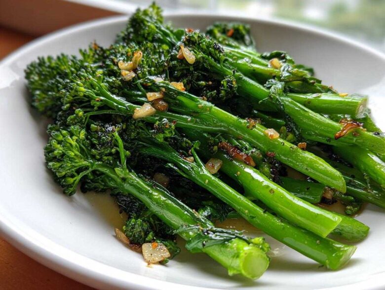 Close-up of vibrant green, sautéed broccolini tossed with browned garlic pieces on a white plate.