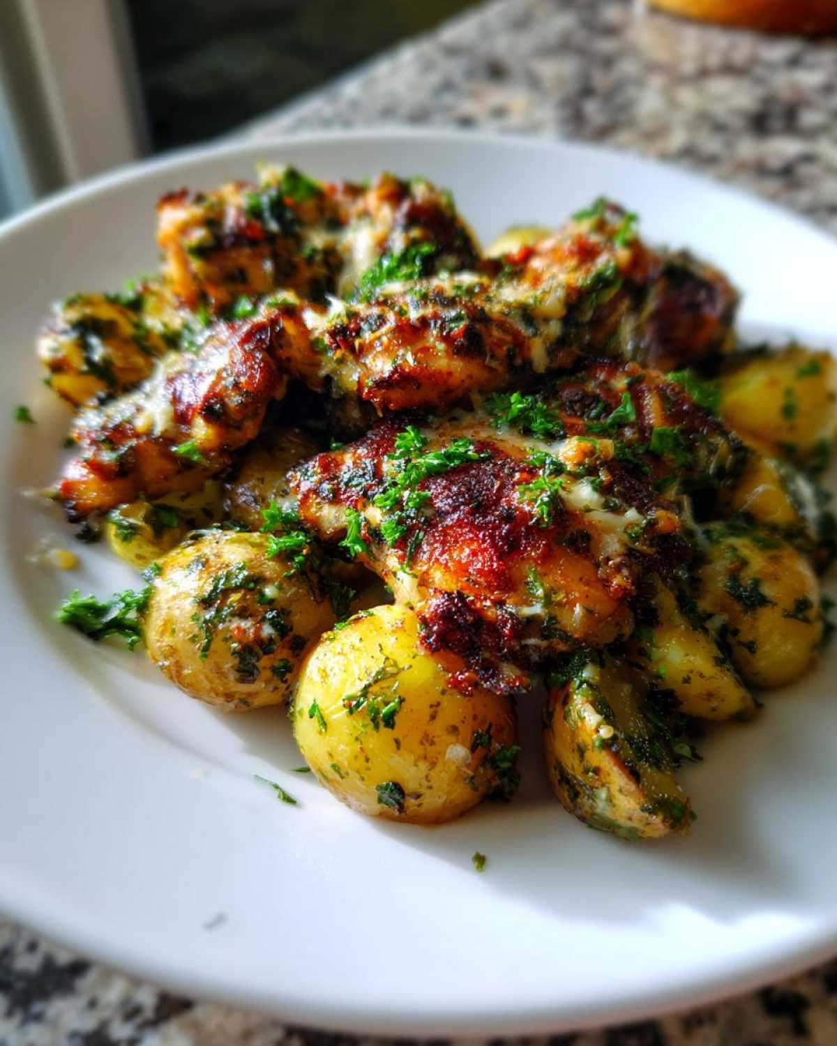 A close-up of baked garlic parmesan chicken and potatoes topped with melted cheese and fresh parsley.
