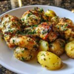 A close-up of golden-brown garlic parmesan chicken and roasted small potatoes garnished with parsley.