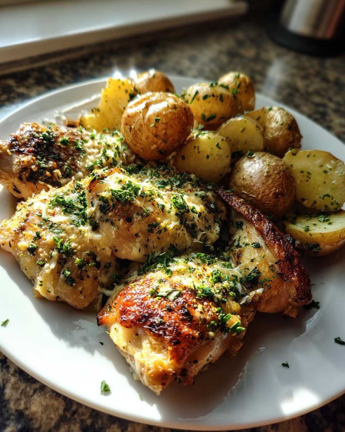 Close-up of baked garlic parmesan chicken and potatoes garnished with fresh parsley on a white plate.