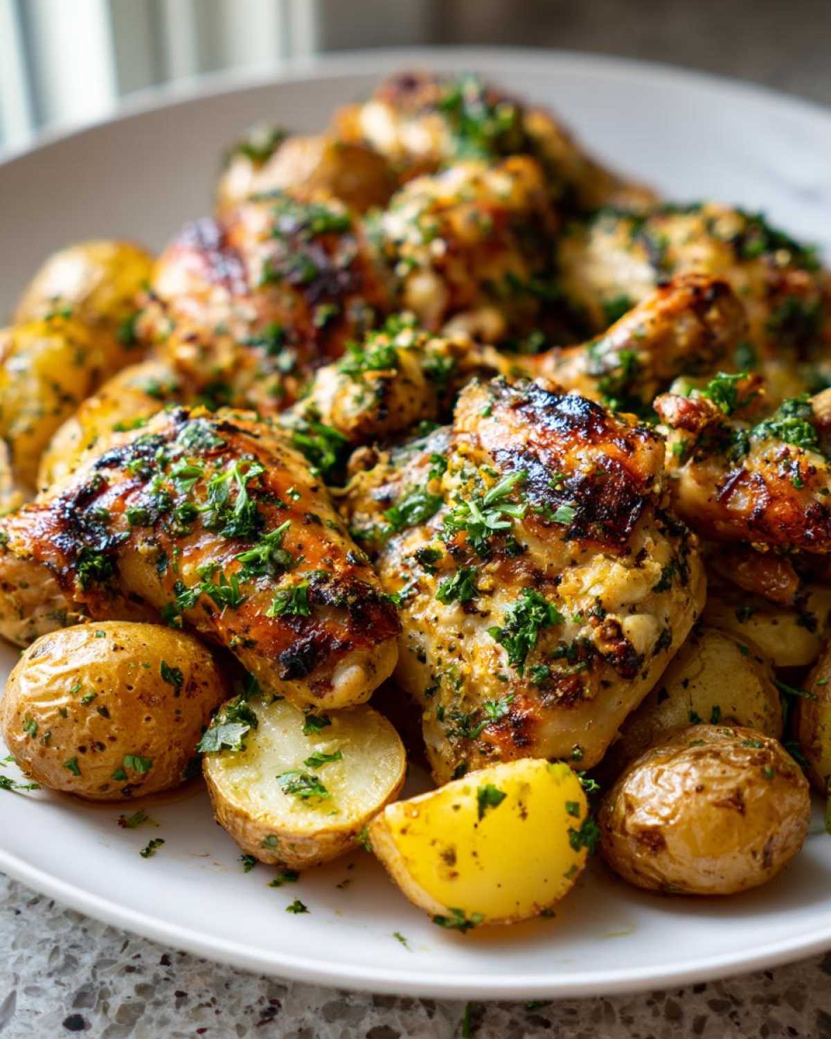 Close-up of roasted garlic parmesan chicken and potatoes garnished with fresh parsley on a white plate.