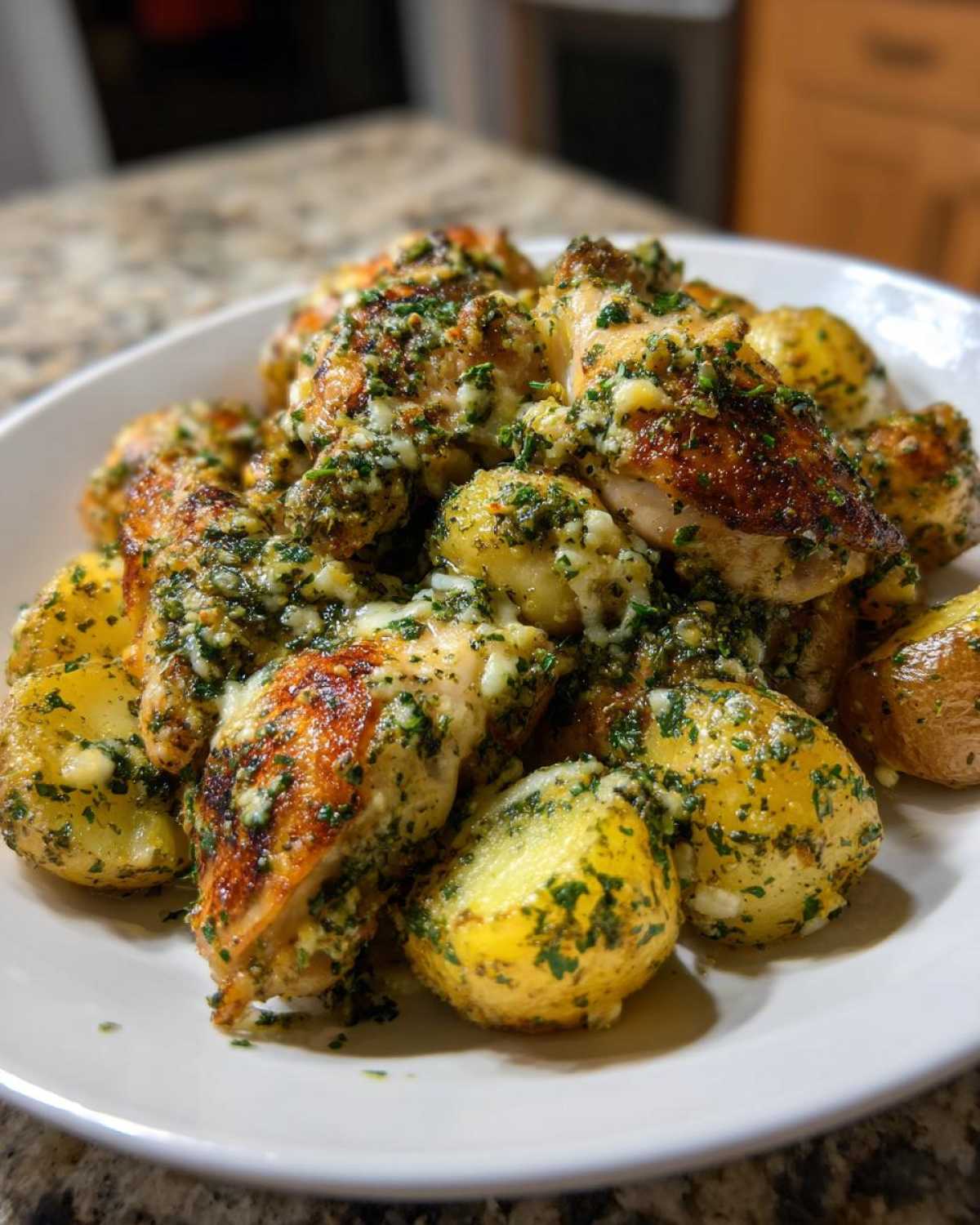 Close-up of browned chicken pieces and roasted potatoes covered in a rich garlic parmesan sauce.