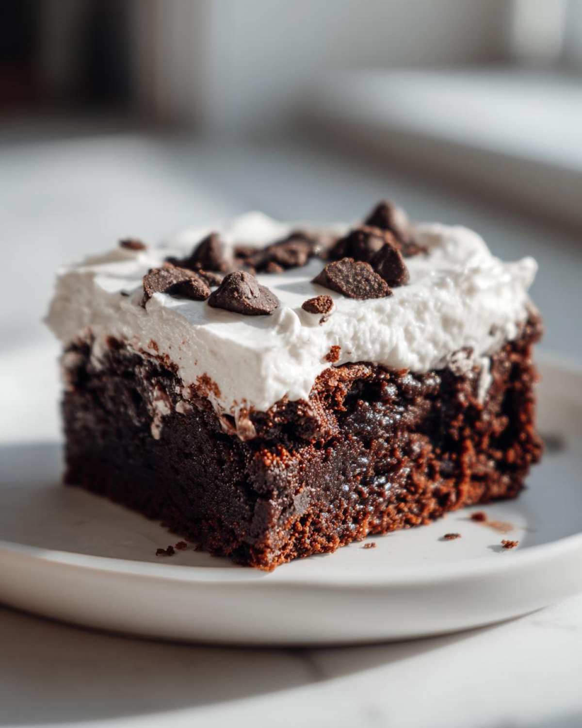 Close-up of a rich, dark slice of gingerbread brownies topped with white frosting and chocolate chips.