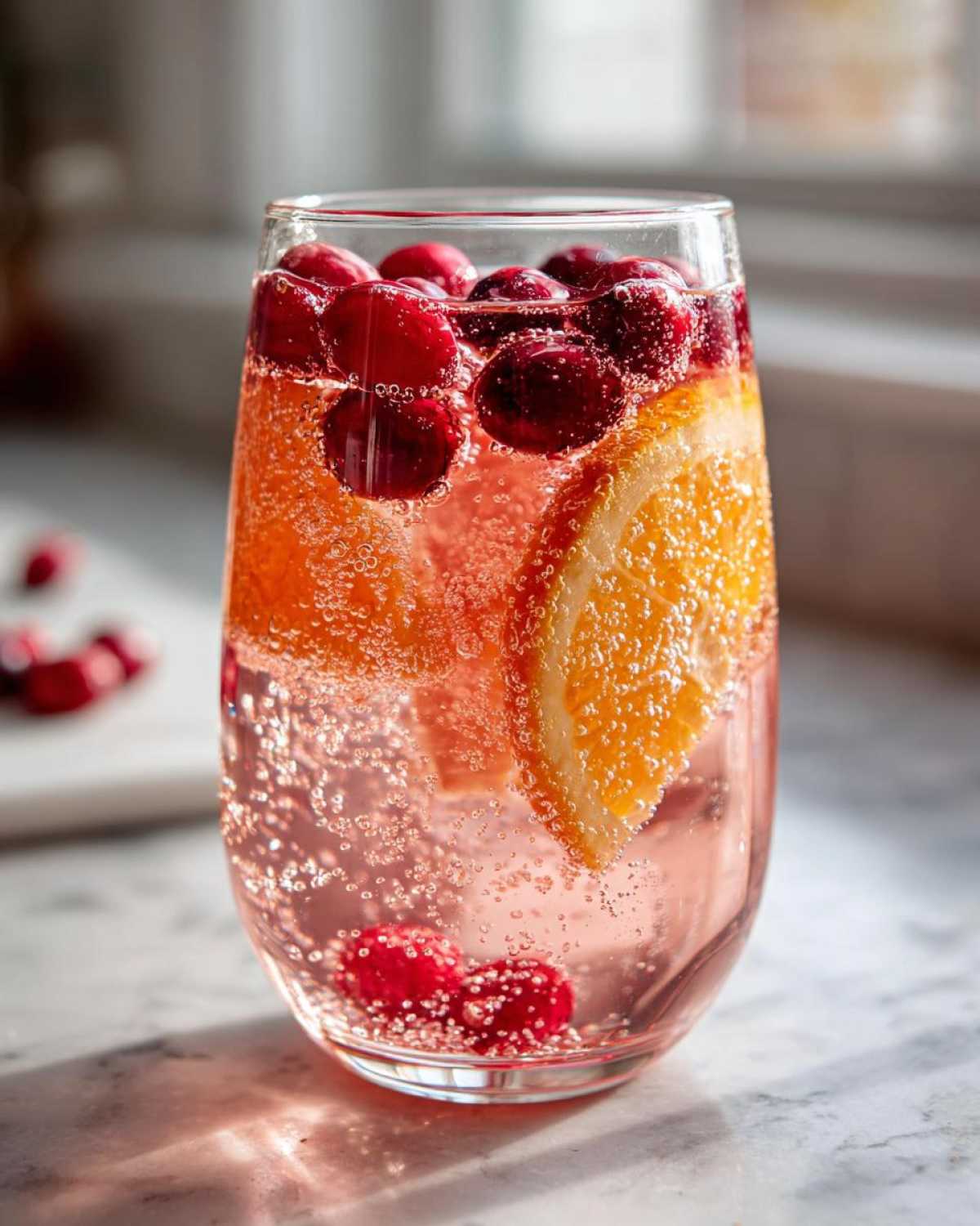 Close-up of a glass filled with sparkling pink champagne punch garnished with fresh cranberries and an orange slice.