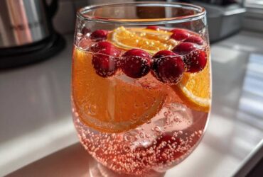 Close-up of a glass filled with sparkling pink champagne punch, garnished with orange slices and fresh cranberries.
