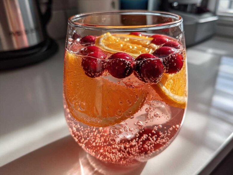 Close-up of a glass filled with sparkling pink champagne punch, garnished with orange slices and fresh cranberries.
