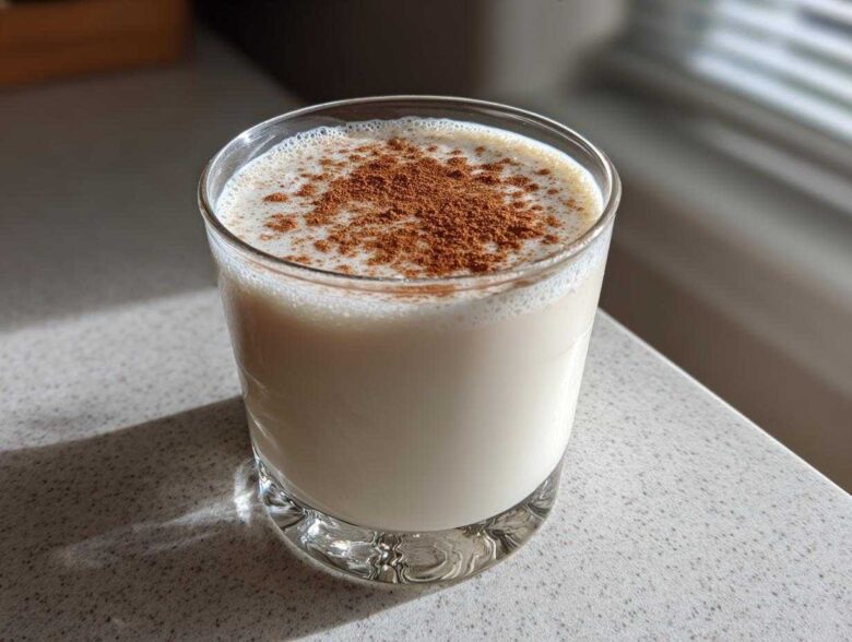 A glass filled with creamy, white coquito topped generously with ground cinnamon, sitting on a light countertop.